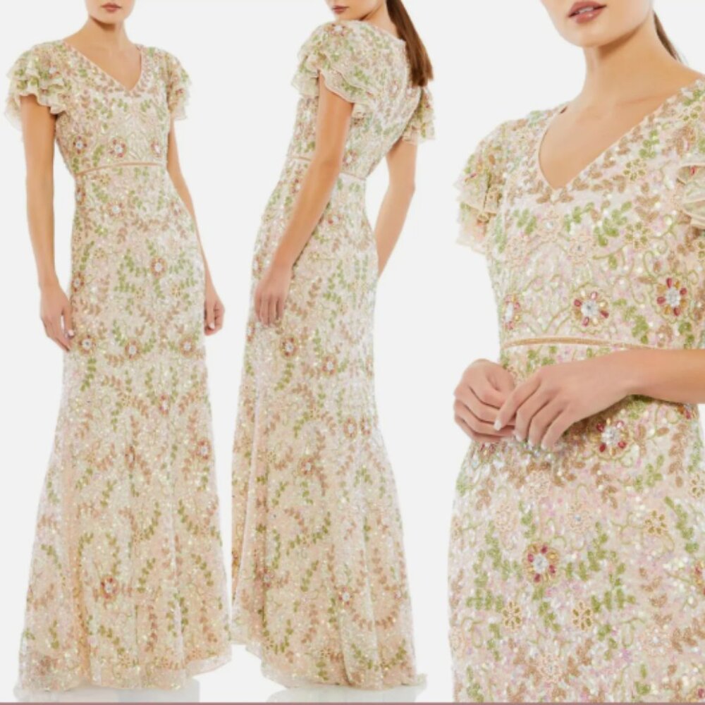 MAC DUGGAL 10772 EMBELLISHED RUFFLE CAP SLEEVE V-NECK NUDE MULTI GOWN sz 10